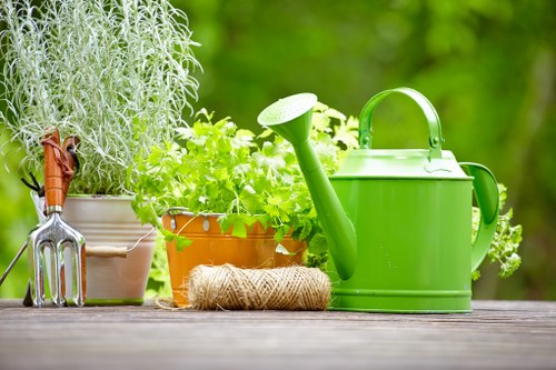 A close-up view of a garden windowsill or outdoor table displaying gardening tools and plant pots. The sequence includes a silver-handled hand fork, a plastic watering can in bright green, and several terracotta and cream-colored pots filled with lush green herbs and foliage. The background features blurred greenery and trees, suggesting a well-maintained outdoor space typical of gardens in Twickenham. The surface appears to be a weathered wooden table or decking, with a coiled twine placed beside the watering can. The scene is bathed in natural daylight, highlighting the vibrant green of the watering can and the fresh growth of the plants, emphasizing ongoing gardening activities and outdoor maintenance characteristic of local gardening services such as hedge trimming and lawn care in Twickenham.